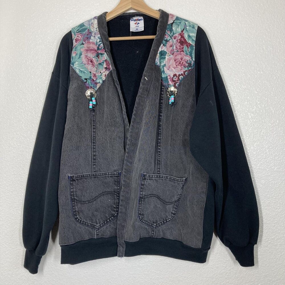 Vintage Custom Made Jerzees Jacket XL Gray Denim Floral Western Beaded USA 90s